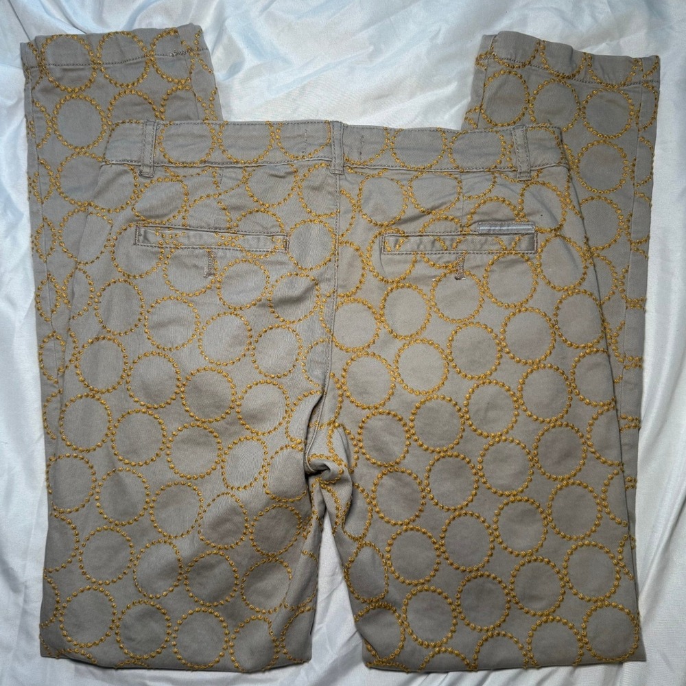Anthropologie Embroidered‎ Chino Relaxed Pants Womens 28 TanYellow Circle Boho - Picture 2 of 5